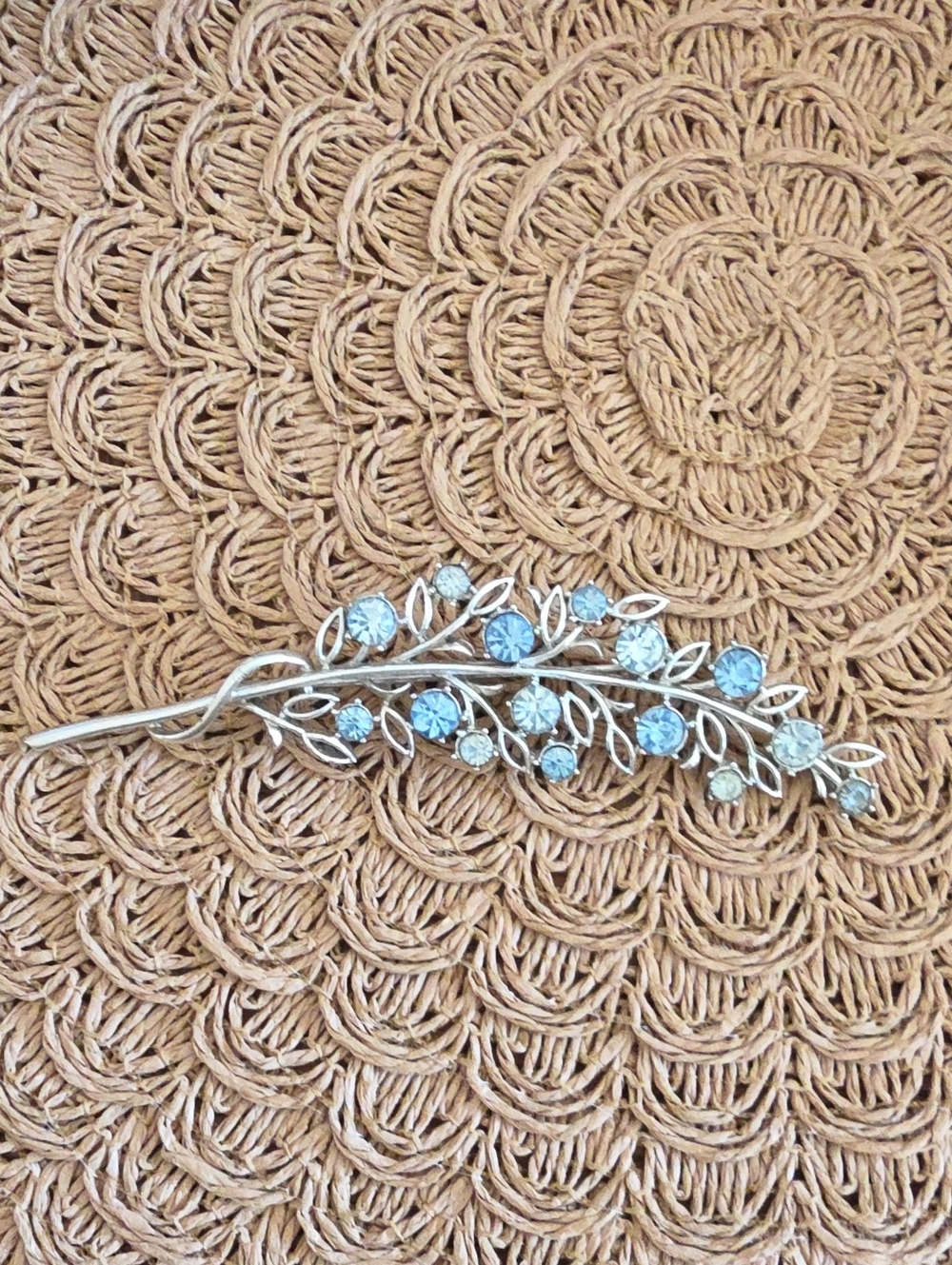 Vintage Signed CORO Blue Rhinestone Silver-Tone Berry Branch Large Pin Brooch